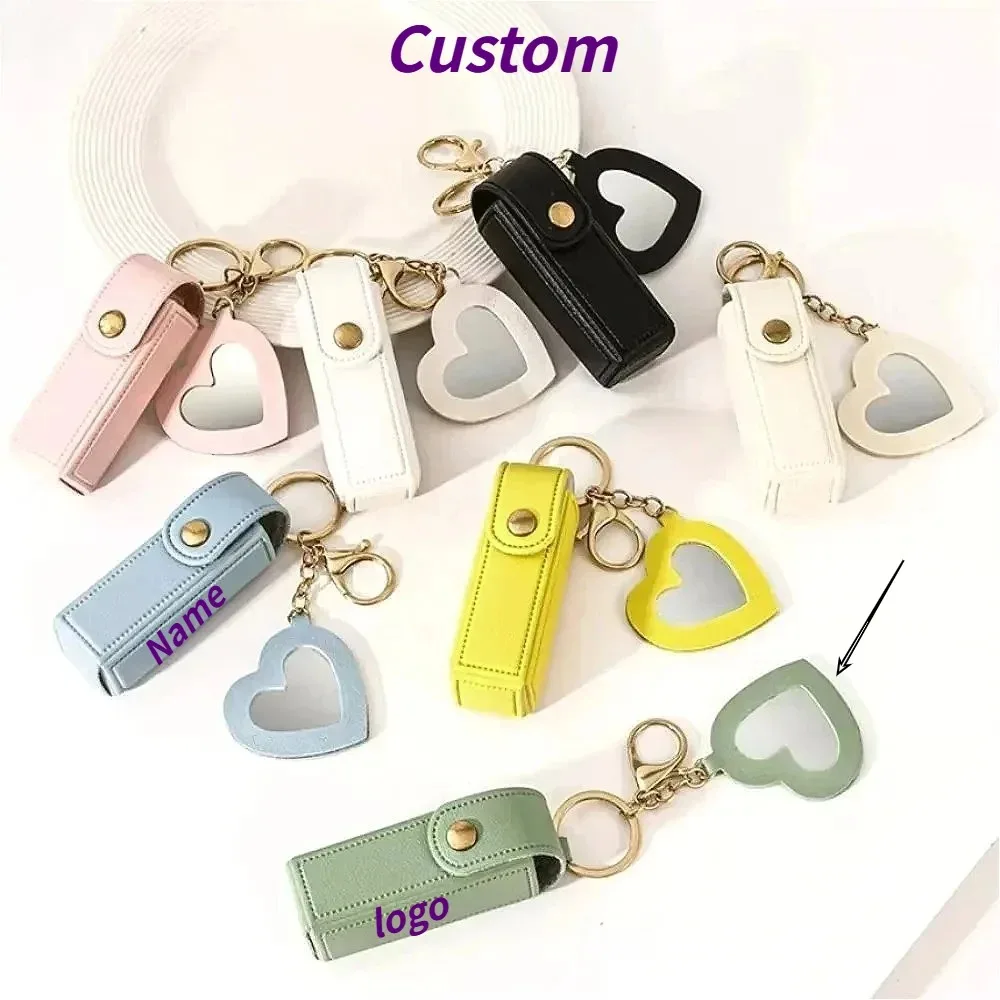 

Custom Leather Lipstick Holder Keychain - Portable Makeup Bag with Heart Mirror Personalized Gift for Women Mom on Mother's Day