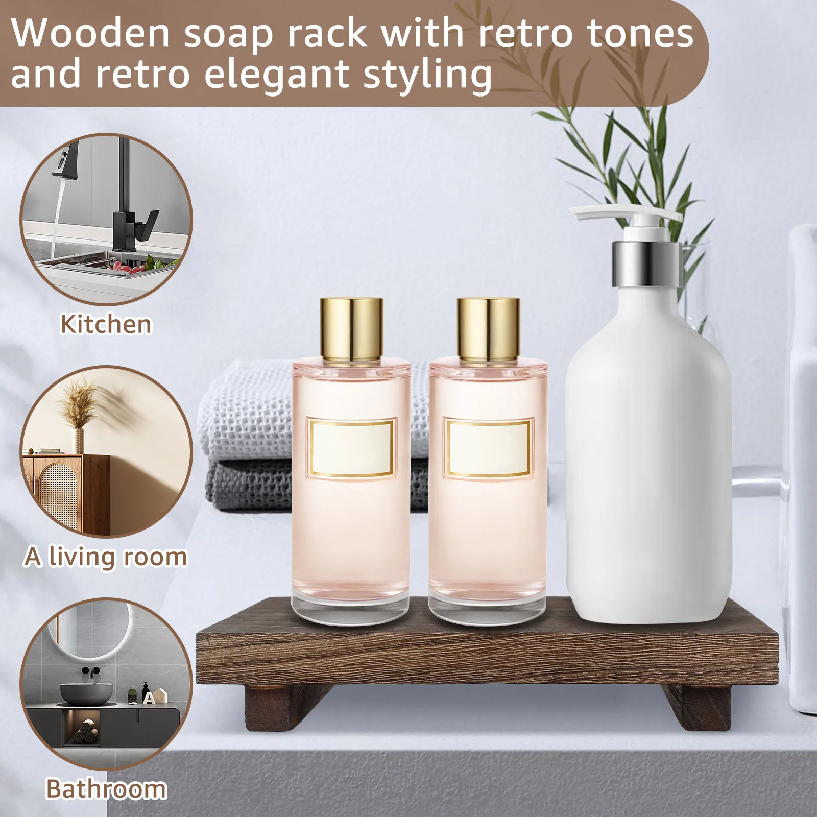 Wood Pedestal Stand Anti-Slip Riser Soap Tray Farmhouse Wooden Vintage Kitchen Bathroom Counter Decor Sink Tray Candle Plant