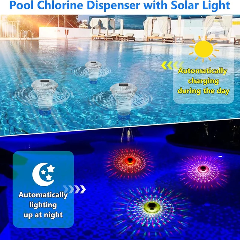 พลังงานแสงอาทิตย์คลอรีน Floater ไฟสีสันปรับเครื่องจ่ายคลอรีนสระว่ายน้ําสําหรับ 1 "และ 3" – ตกแต่งสระว่ายน้ําลอยน้ํา