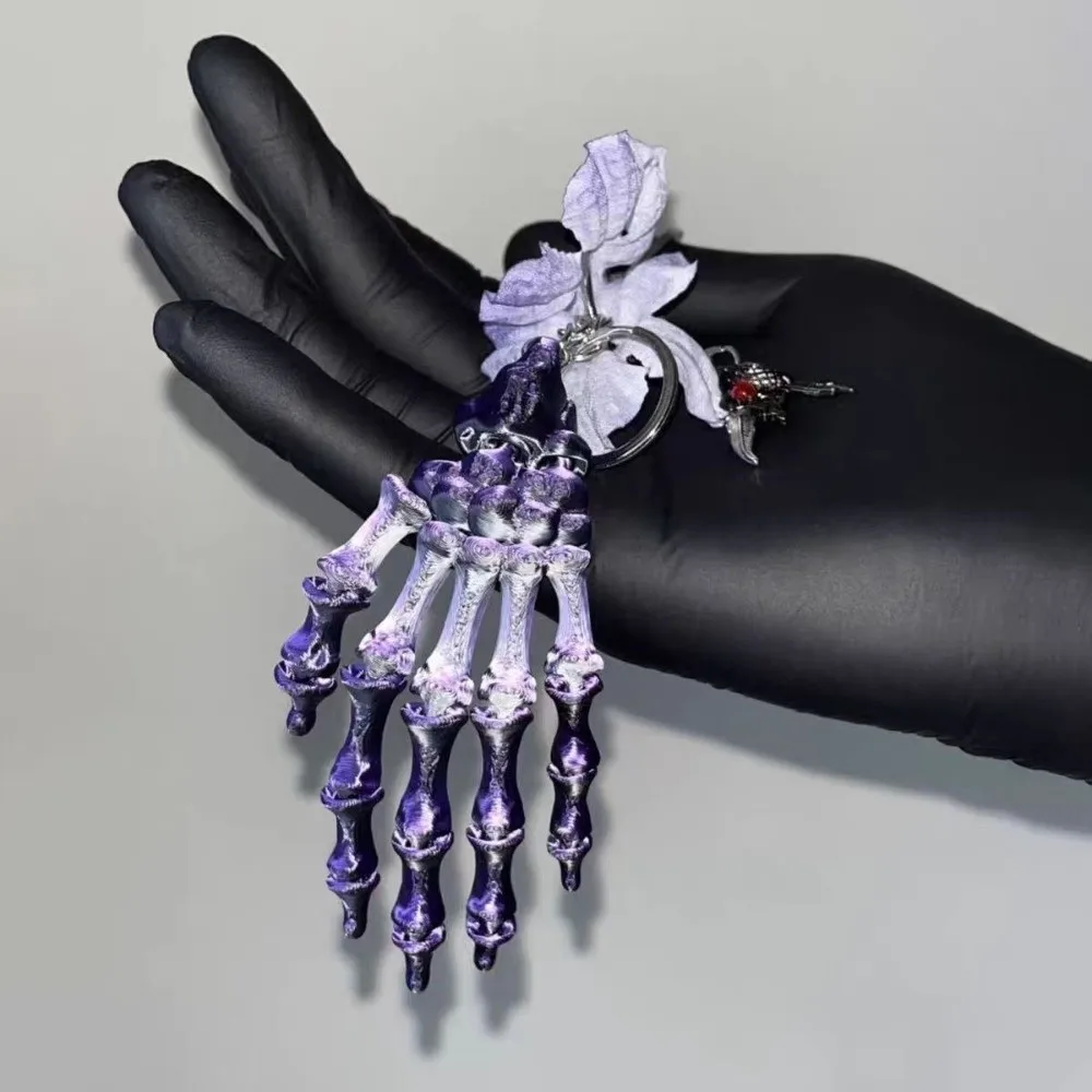 Hyper-realistic Gothic Skeleton Hand Metallic-luster Flexible-joints Articulated Bone Key Chain Lightweight-durable