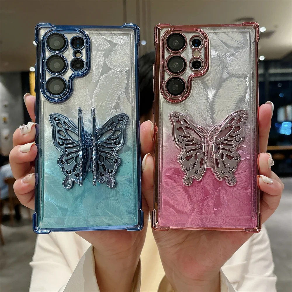 Feather Butterfly Bracket Stand S24Ultra Case Plating Shockproof for Samsung Galaxy Note 20 S23 S22 S24 Plus Ultra S23 FE Cover