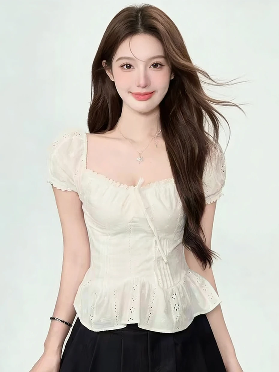 

Pure Desire Spicy Girl Square Collar One Shoulder Short Sleeve Shirt Women Summer Sweet Lace Trim Waist Slimming Top Shirt