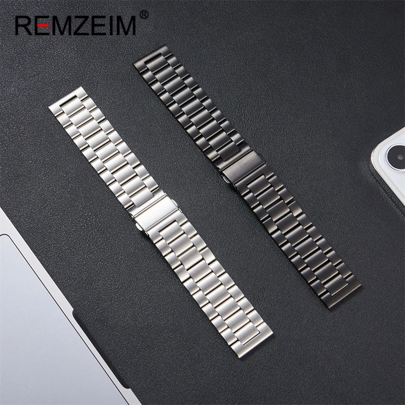 Stainless Steel Watch Band Butterfly Buckle Bracelet 20/22mm Strap for Women Men Silver Black Solid Metal Watchband Accessories