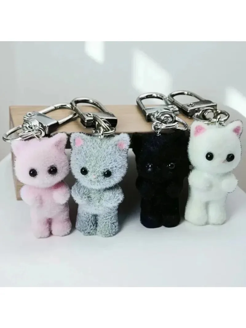 Cute 3D Flocking Kitten Keychain Simulation Animal Hobby Cartoon Doll Girl Keyring Car Bag Purse Phones Pendant Key Ring Gift* view 6