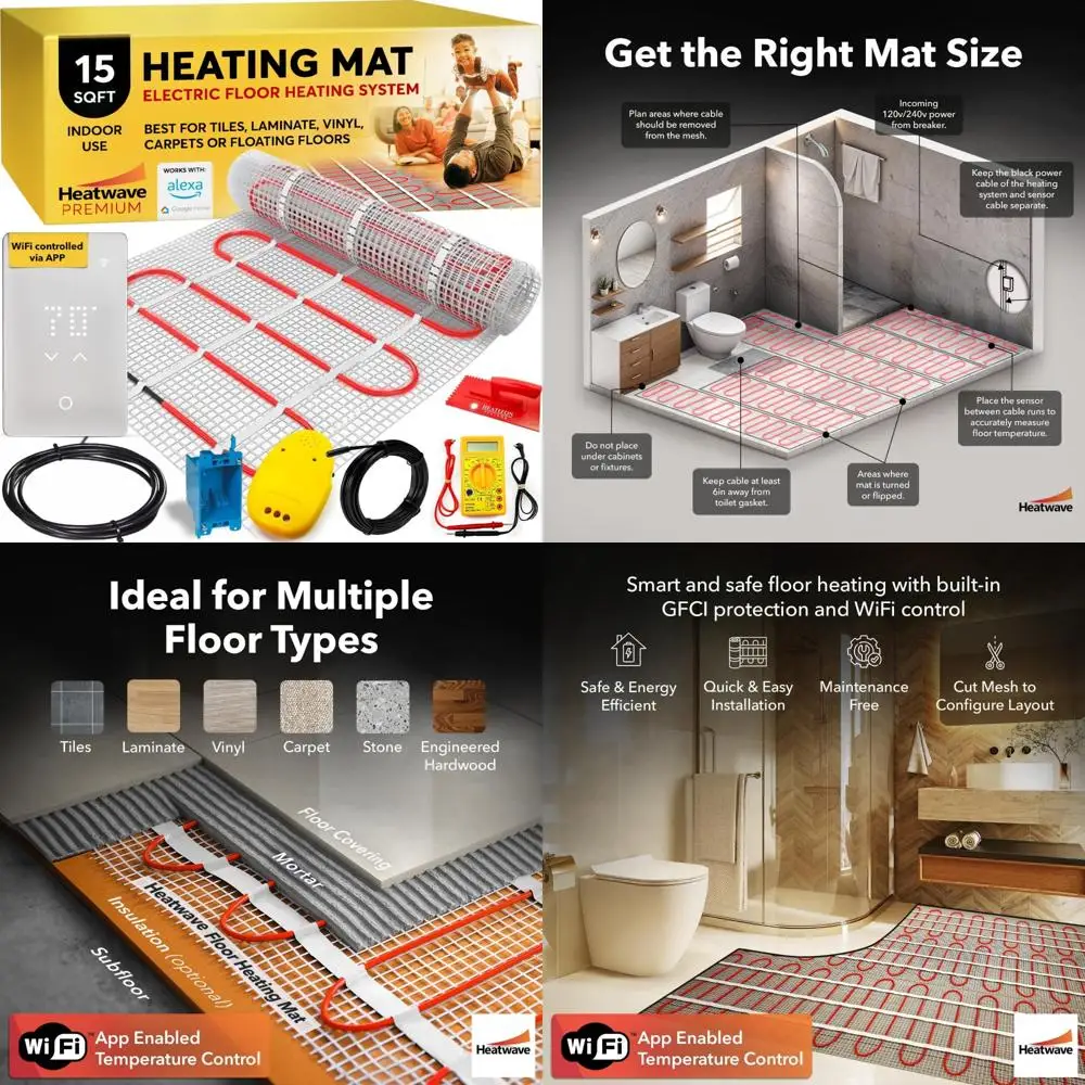 نظام تسخين مشع - 15 قدم مربع، 120 فولت، 180 وات، 1.5 أمبير، حصيرة تسخين كهربائية تحت الأرضية لراحة المنزل #1