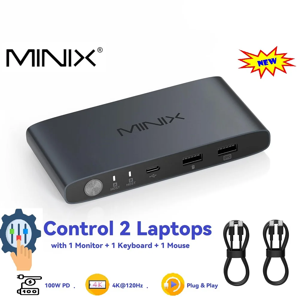 MINIX K1 USB-C KVM Switch Dual Monitor for 2 Laptops, 2-in-1 Out KVM Peripheral Sharing for MacBook/Windows/iPhone/Android