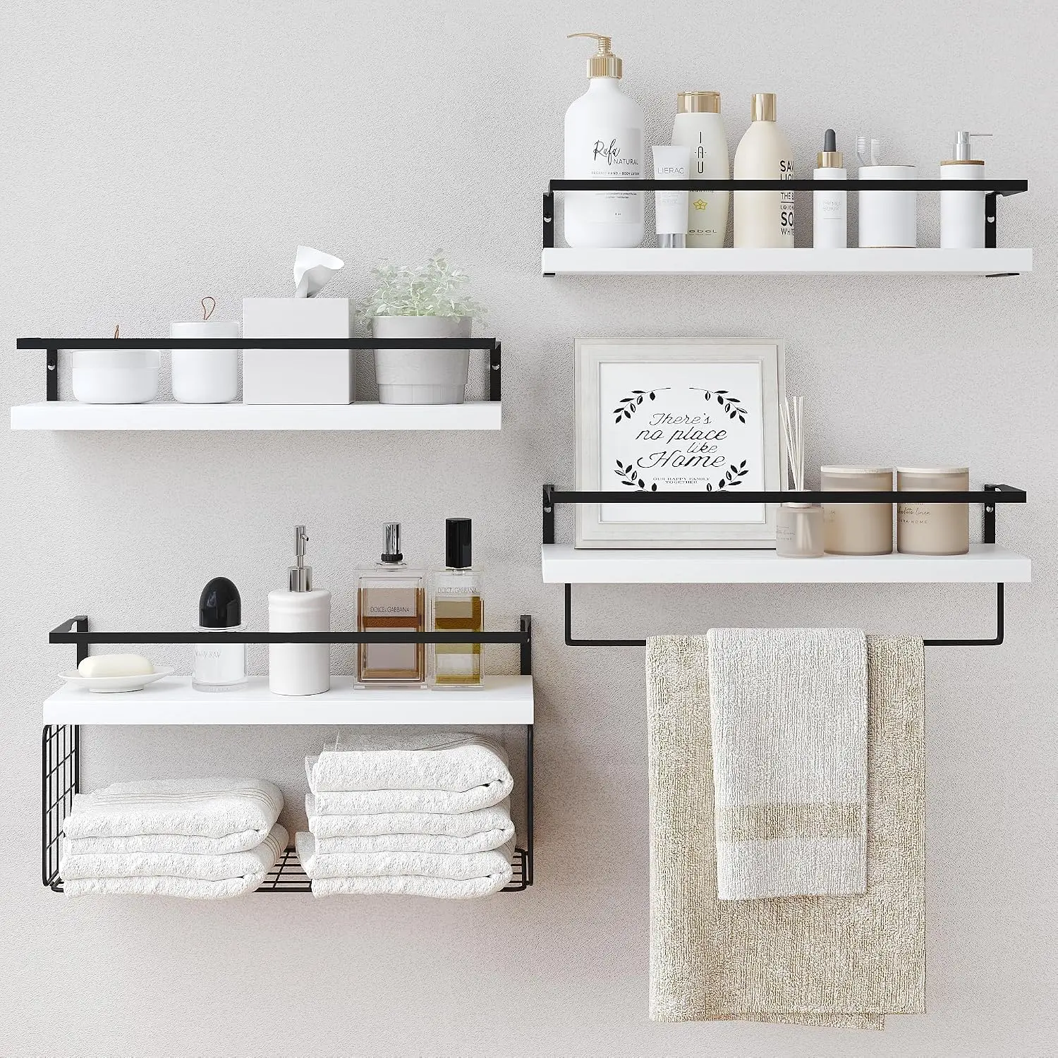 White Wood Floating Shelves Wall Mounted - 4+1 Tier Rustic Bathroom Wall Shelves Over Toilet With Wire Storage Basket And Towel