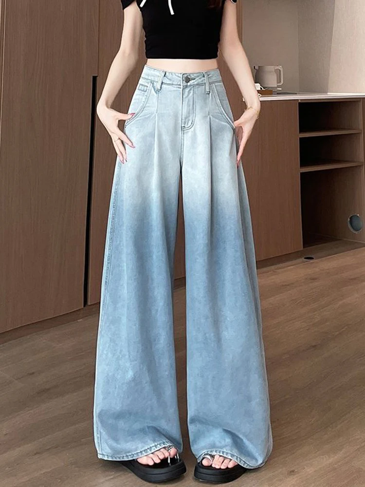 

New Fashion Gradient Wide Leg Jeans for Women 2025 Spring Autumn Casual Chic High Waist Denim Pants Loose Retro Ladies Trousers