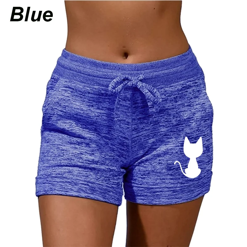 Trending Cute Cat Printed Women Shorts with Pockets and Drawstring High Waist Sport Stretchy Shorts Yoga Running Shorts