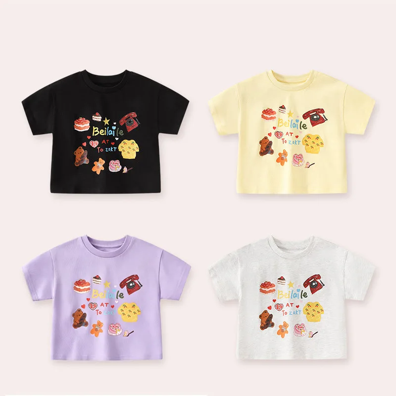 Bellbell Summer Children Girls Tees Muslin Cartoon Printed Infant Babys Girls Short Sleeves Loose 2-8Yrs Kids Girls Undershirt