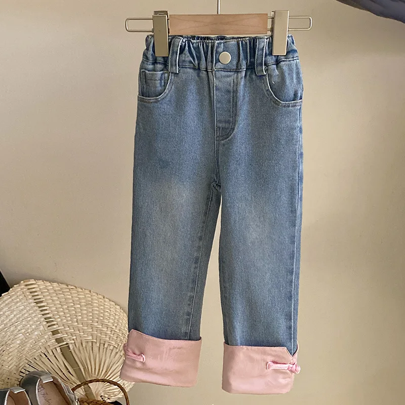 

Girls Pants 2024 Spring and Summer New Children Clothes Girls New Chinese Style Pan Button Jeans Casual Simple and Versatile