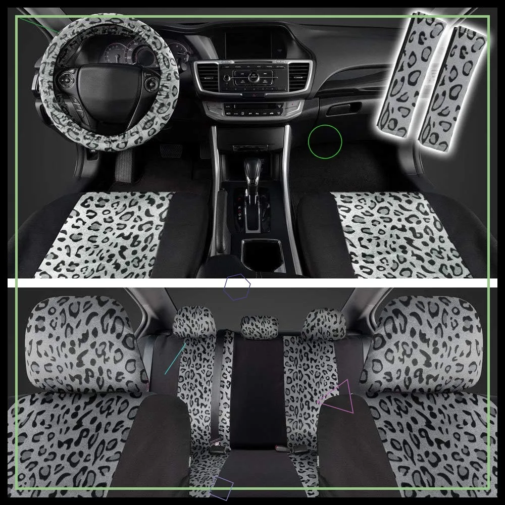 

Leopard Print Car Seat Covers Full Set with Matching Accessories, Two-Tone Gray Cheetah Design for Women's Cars