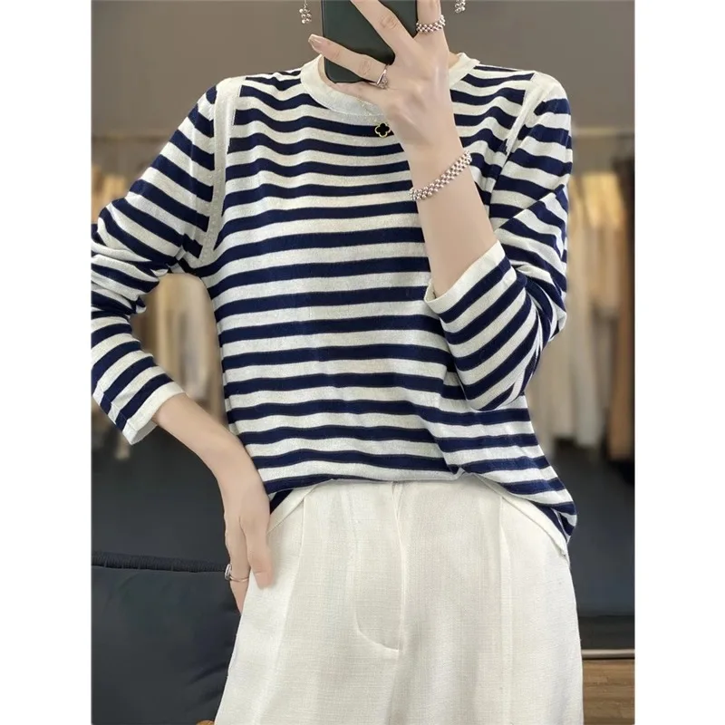 Striped thin cashmere sweater women\'s spring and autumn loose large size crewneck sweater base sweater