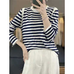 Striped thin cashmere sweater women's spring and autumn loose large size crewneck sweater base sweater