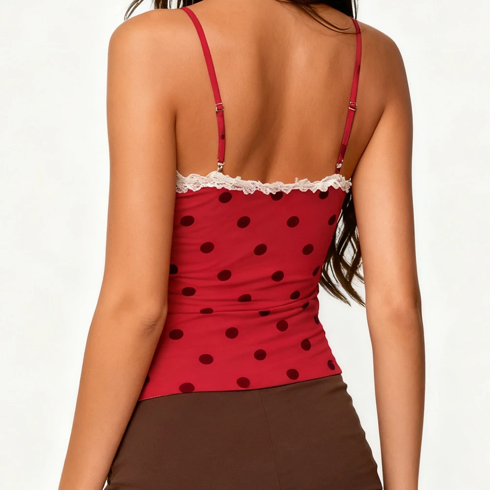 النساء Y2K خمر البولكا نقطة كامي القمم مثير الدانتيل تقليم السباغيتي حزام تانك القمم الجنية عارية الذراعين نقطة طباعة الخروج بروتيل