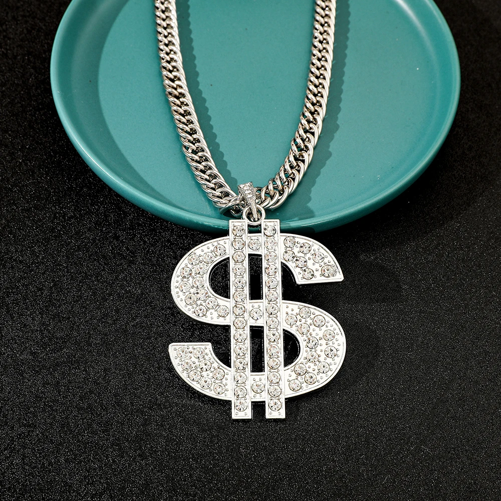 Punk Hip Hop Pendant Necklace for Men, Silver Plated, Personalized Dollar Sign, Rock Jewelry, Rap Gift