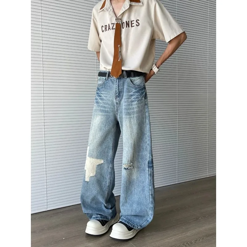 Retro American Washed Lightning Pattern Hole Embroidered Jeans Men's Casual Straight Leg Loose Fit Long Pants Street Style