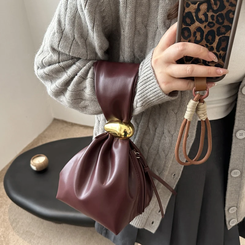 *New Sale Personalised PU Soft Leather Clutch Vintage Luxury Designer Women's Pleated Mini Bucket Bag Side Zip Party Evening Bag