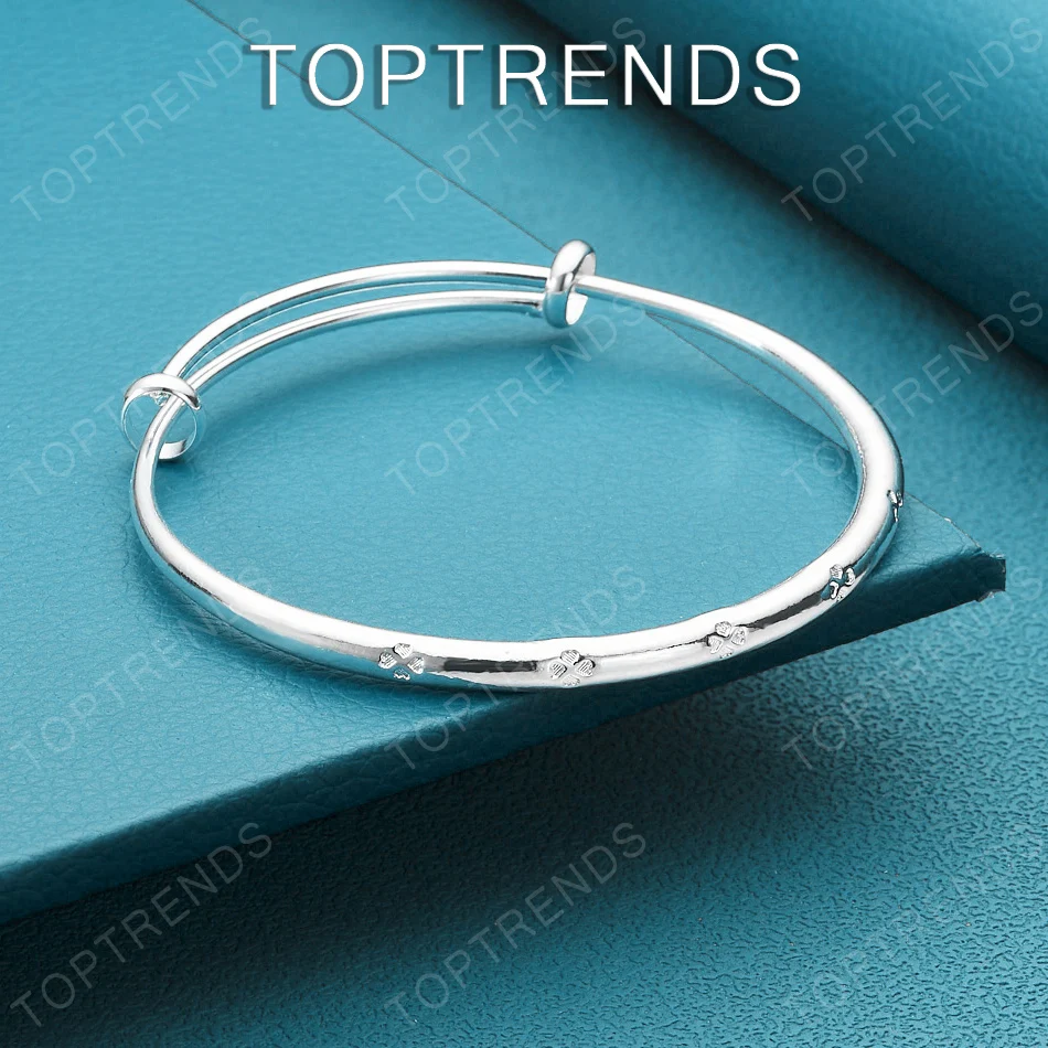 925 Sterling Silver Four-Leaf Clover Push-Pull Round Bangle Elegant Charm Jewelry Accessories For Women Birthday Wedding Party