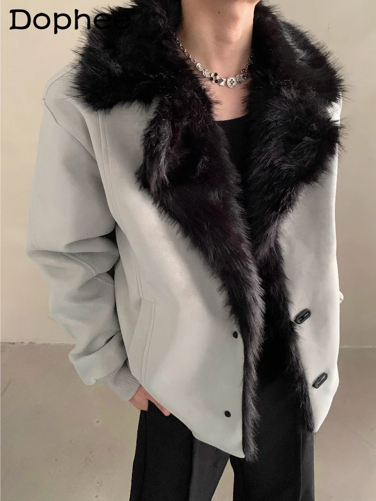 

Men's 2025 Winter New Light Luxury High-End Long Sleeve Faux Fur Collar Parkas Men's Thickened Warm Faux Leather Jacket Coats