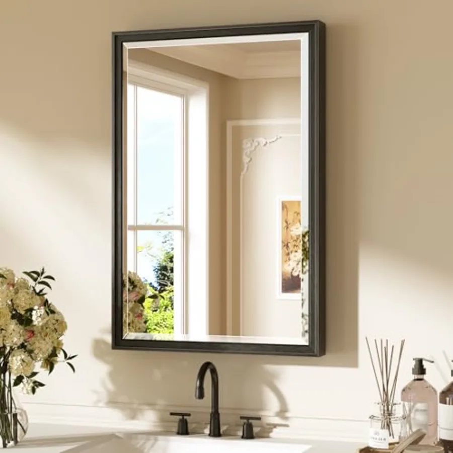 

Black Bathroom Mirrors for Over Sink 20" x 30" Black Framed Mirror for Wall Tempered Glass Beveled Edge Aluminum Alloy Frame Sh