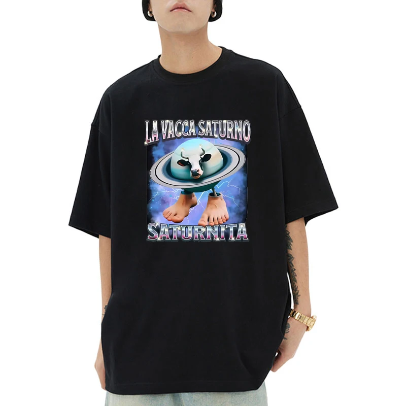 

La Vacca Saturno Saturnita Funny Cow Meme Graphics short sleeve T-shirts vintage O-Neck Casual T shirt Cotton plus size tops