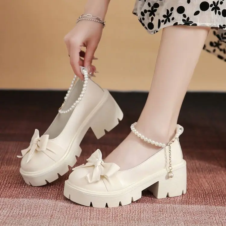 

bows Lolita Shoes Women Japanese Style Mary Jane Shoes Women Vintage Shallow High Heels Chunky Platform Shoes Cosplay Female