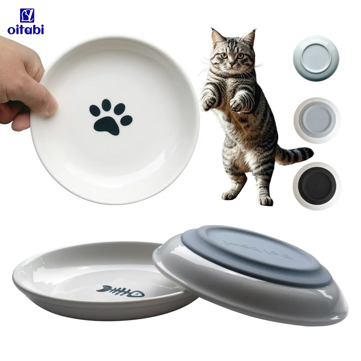 Oitabi 3PCS 고양이 먹이 그릇, 세라믹 고양이 그릇, 수염 피로 방지 고양이 그릇 세트, 음식과 물을 위한 얕은 넓은 새끼 고양이 접시