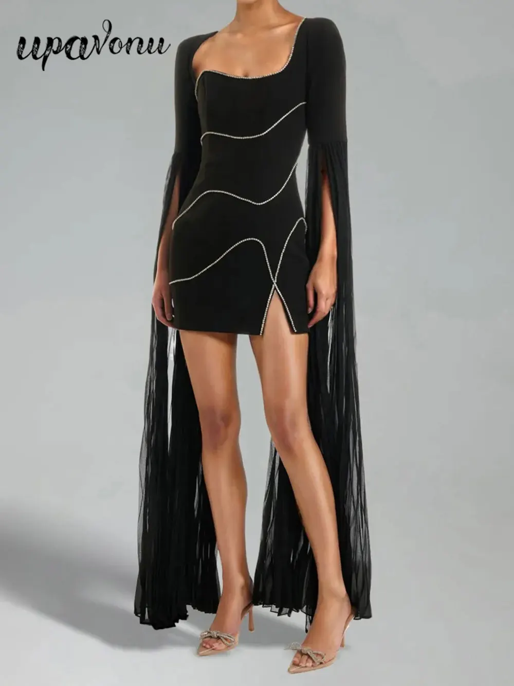 

2024 Elegant Women'S Rhinestone Design Bandage Dress Strapless Patchwork Loose Long Sleeved Bodycon Mini Dresses Party Vestidos