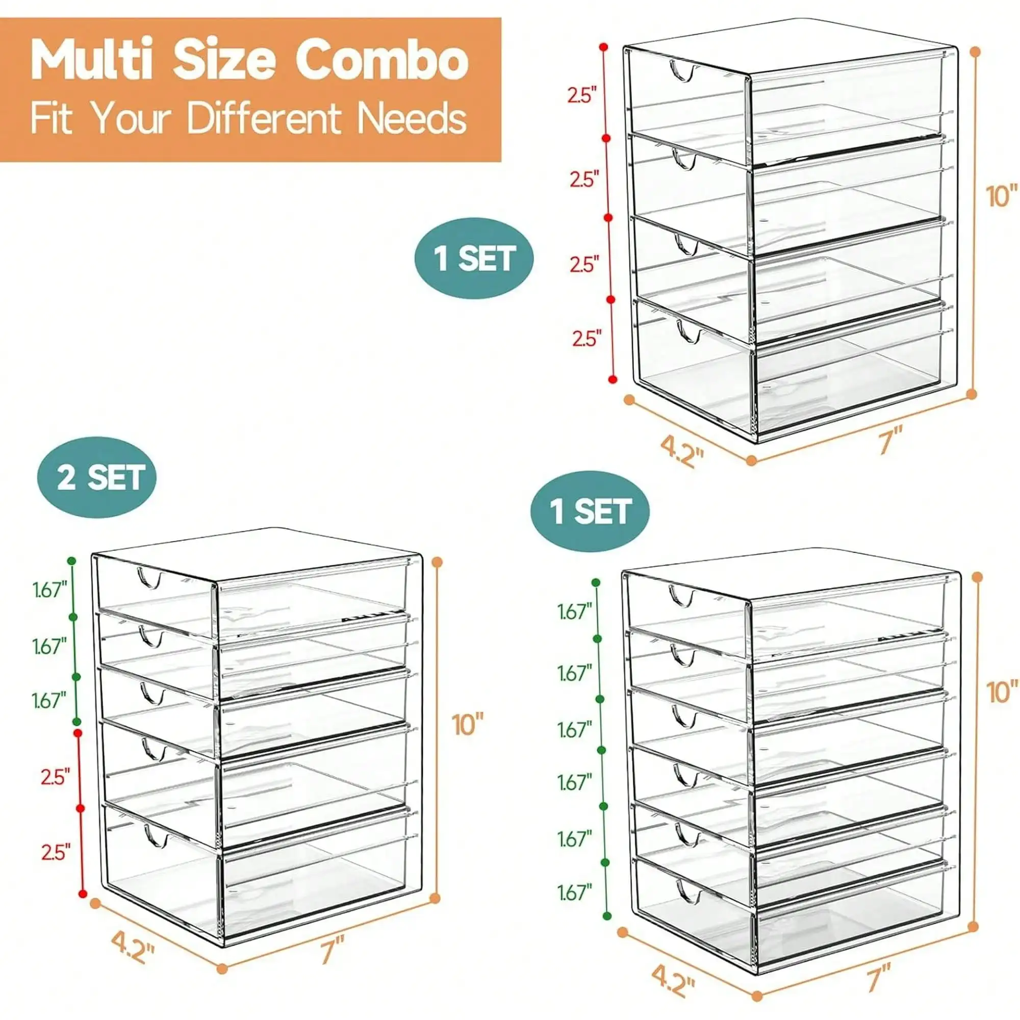 16 Drawers Acrylic Makeup Organizer, 4 Set Clear Desk Storage Drawers, Dustproof Desktop Organizer for Office Supplies, Jewelry, Pens & Cosmetics, Countertop