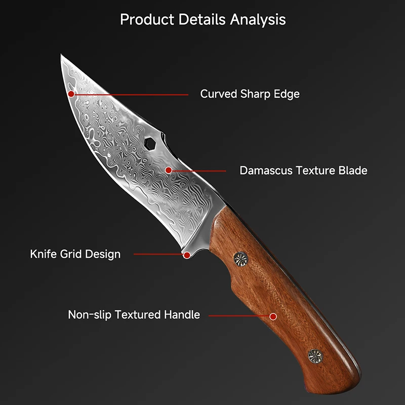 Outdoor Portable Pocket knife with Leather Sheath, Razor Sharp Meat Cleaver Stainless Steel, Damascus Pattern Slicing Chopping Knife with Wooden Handle for Outdoor Camping, Grill BBQ