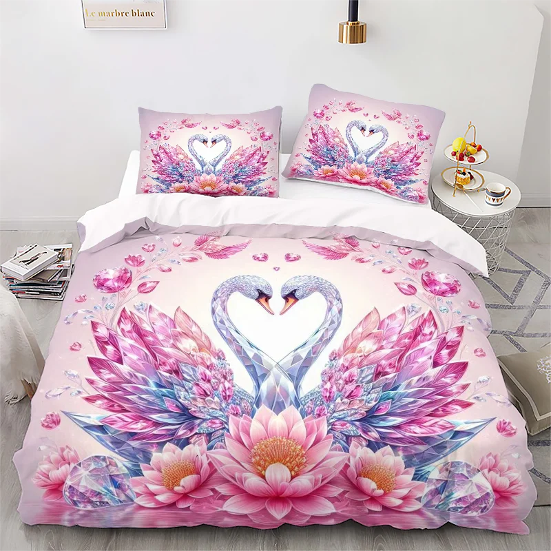 Valentine's Day White Swan - Digital Printed Duvet Set - Polyester - Bedroom Decor -1 Bed cover +2 Pillowcase (no pillow core)