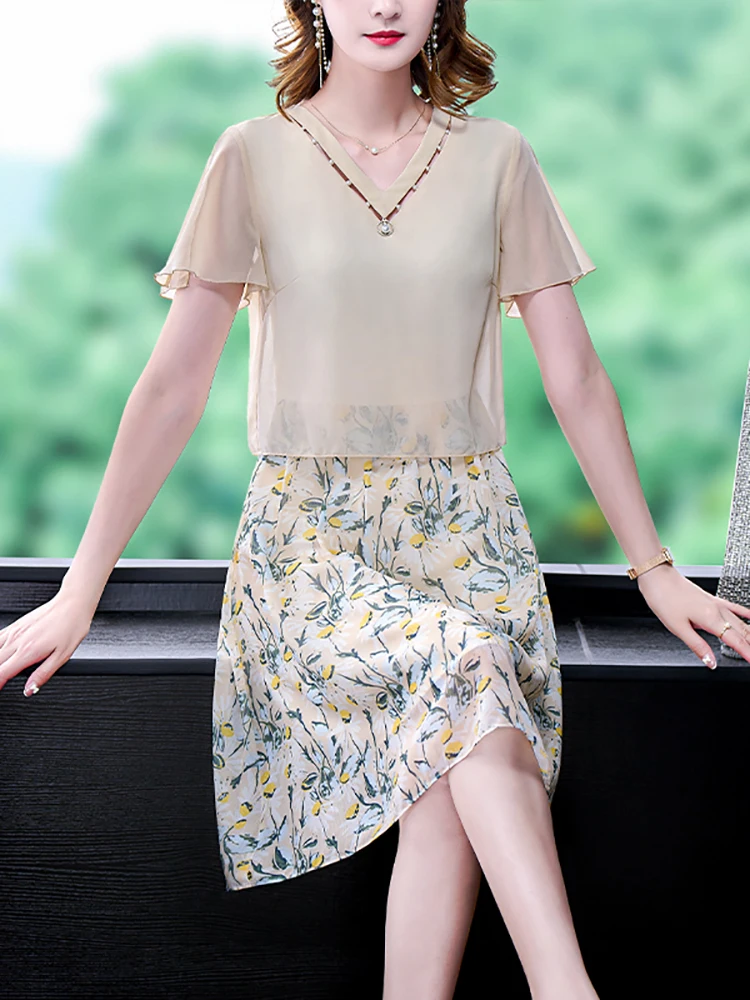 

2024 Summer Fashion Light Chiffon Two Piece Dress Women Solid Vintage V-Neck Elegant Dress Casual Office Lady Evening Vestidos