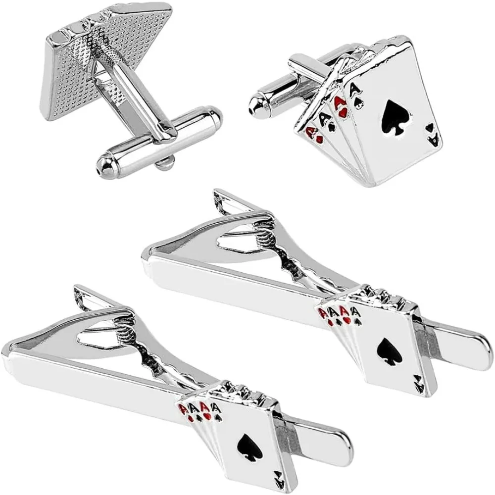 4Pcs Poker Playing Cards Cufflinks and Tie Clip Sets Gentleman's Tie Clips Fun Alloy Enamel Cufflinks for Mens Suit Formal