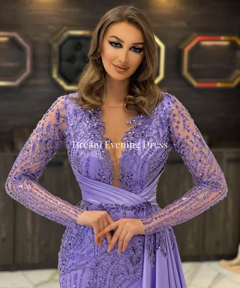 2023 Luxury Sequins Beaded Dubai Purple Mermaid Prom Dresses Long Sleeve V-Neck Lace Formal Occasion Evening Dresses For Women