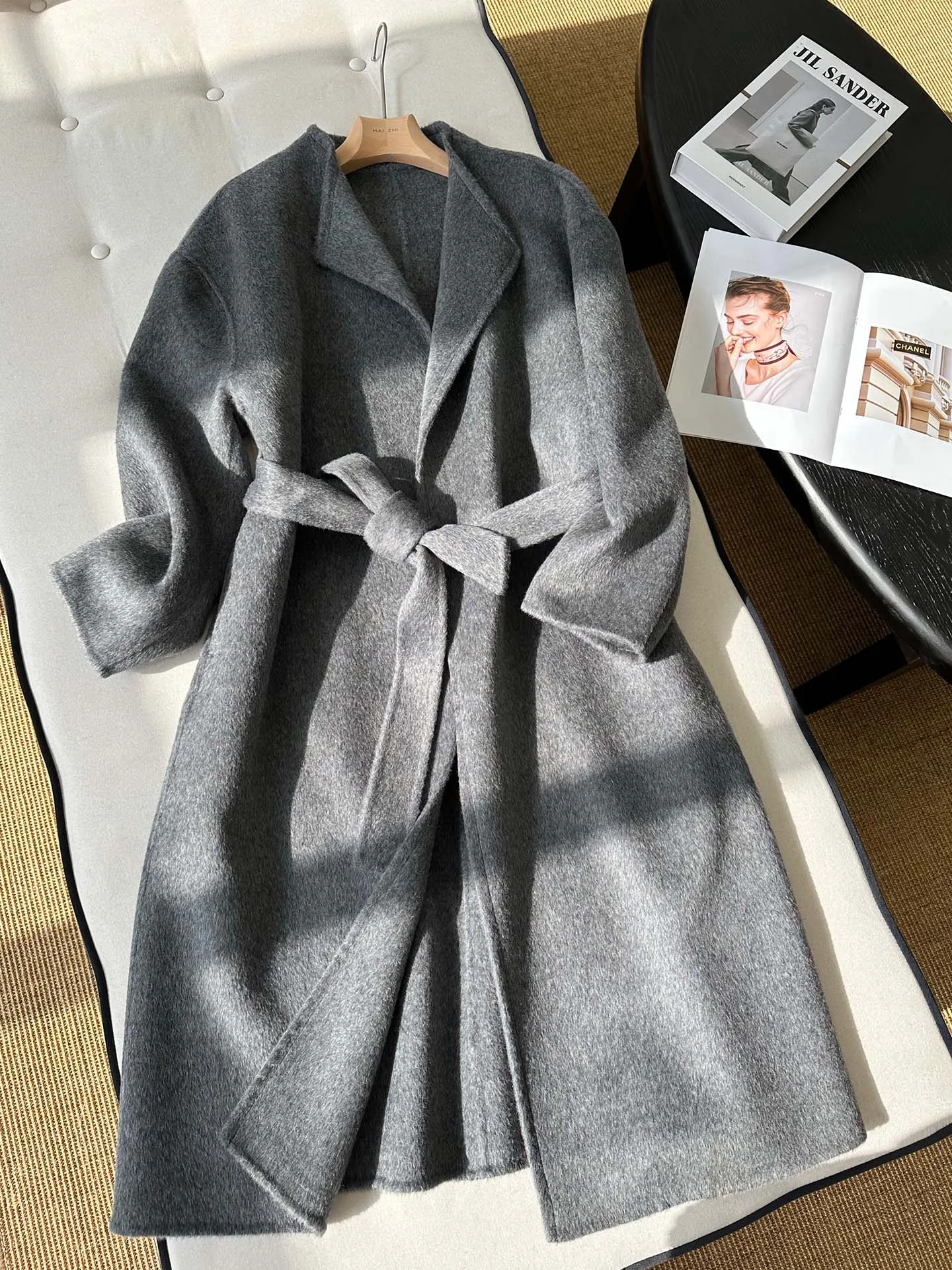 

Mascha 00% Wool Long Double-Faced Tweed Belted Coat Women's Faionable Ele Over-Knee Outerwear Warm Sli Design