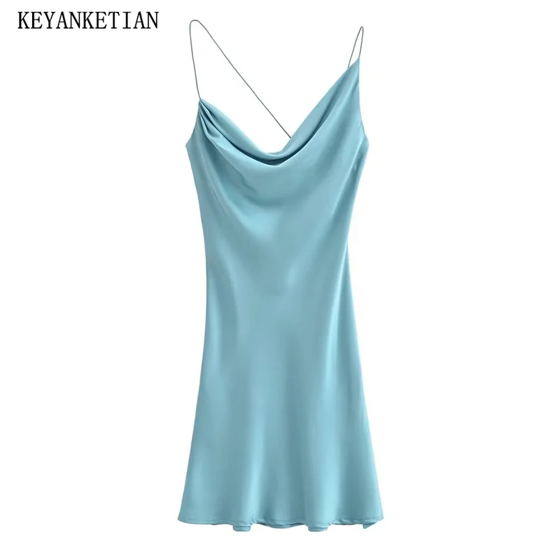 KEYANKETIAN 2024 New Launch Women's Pleated Embellished Silk Satin Texture Halter Dress Sexy Spaghetti Strap Backless Mini Dress