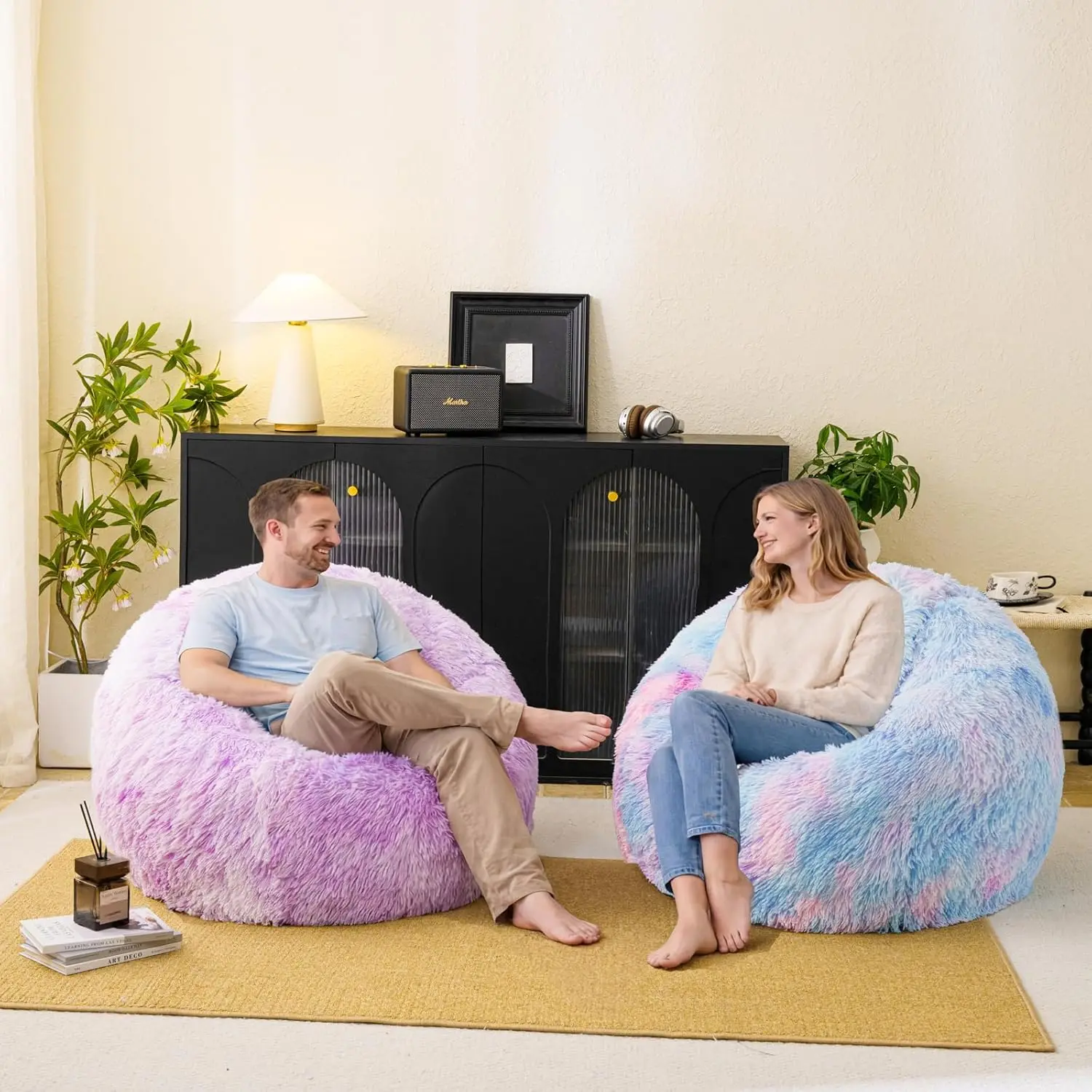 Purple Tie Dye Faux Fur Bean Bag Cover Soft Shaggy Slip Resistant Storage for Bedroom Kids Teens