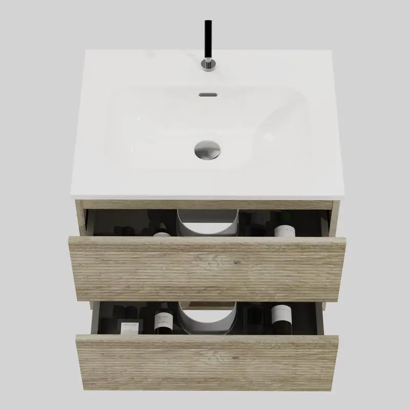 24" Wall Mounted Rough Oak Bathroom Vanity with Integrated Ceramic Sink, Overflow, Large Storage, Floating Design for Modern