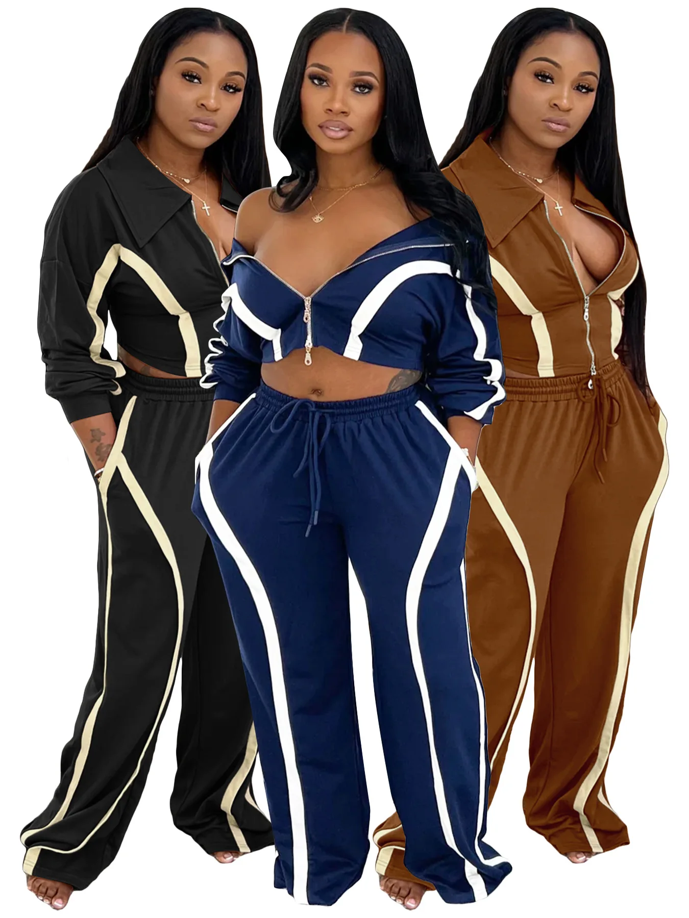 

Women Tracksuit Set Fashion Striped Color Block Crop Jacke And Wide-Leg Pants Casual Two Piece Set Women Sportswear Joggers Set