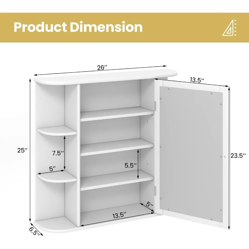 Bathroom Medicine Cabinet with Mirror, Wall Mounted Bathroom Storage Cabinet w/Mirror Door & 6 Open Shelves, Adjustable Shelves