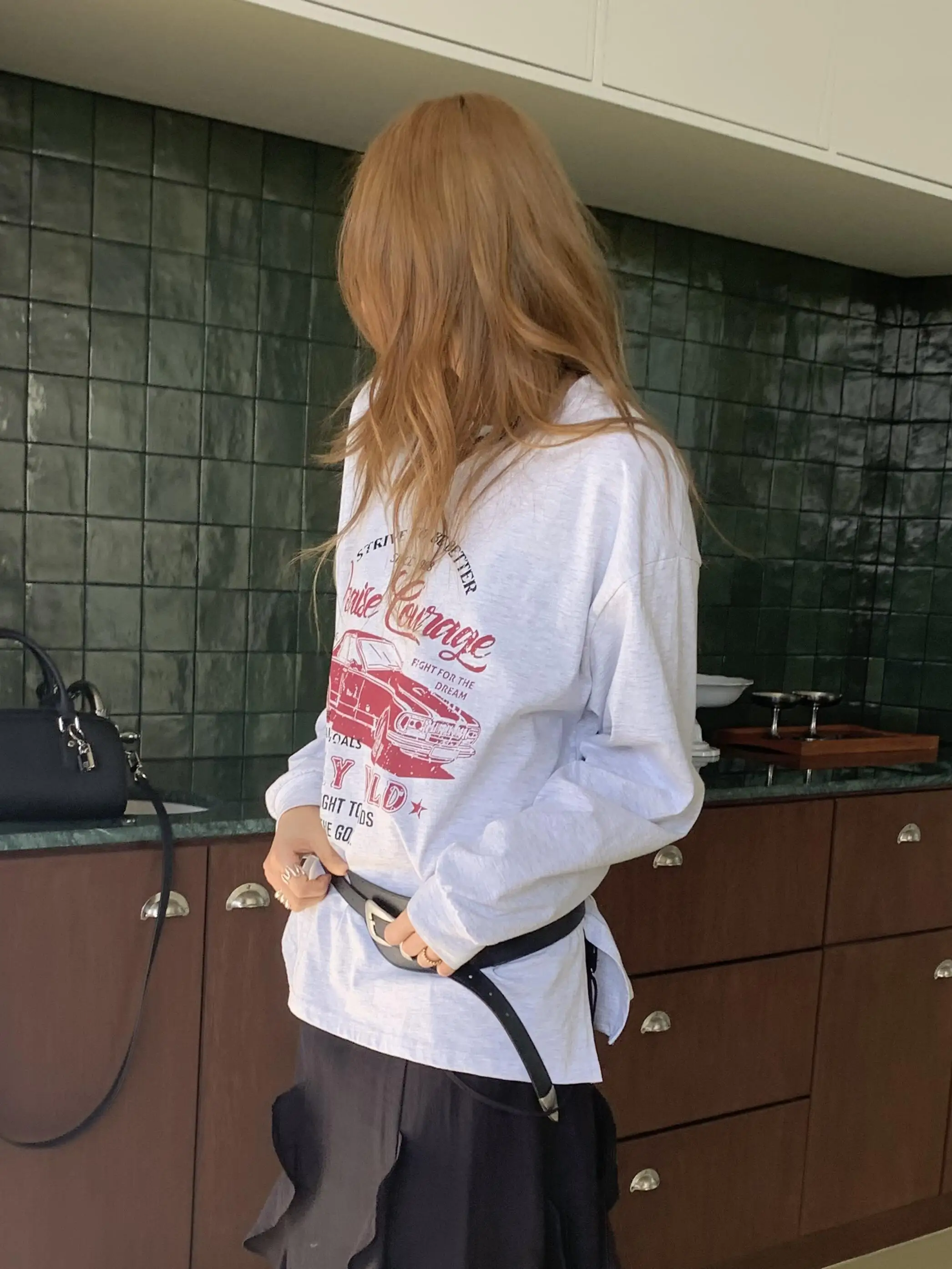 

Comfortable Long Sve Cotton T-irt Women's Loose Fit Casual Sle Korean Retro Car Print Soft Breathable Pure Cotton Tee