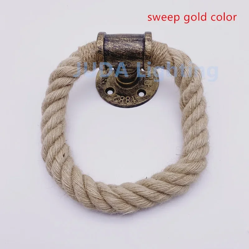 Nautical Towel Ring Rope Industrial Iron Pipe Wall Mounted Rustic Hand Towel Holder Vintage Towel Rack Ring Hemp Rope Bathroom