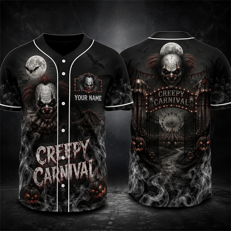 Personalized Scarecrow Pumpkin Halloween Baseball Jersey 3D Print Unisex Loose Short‑Sleeve Baseball Shirt Horror Fashion Outfit