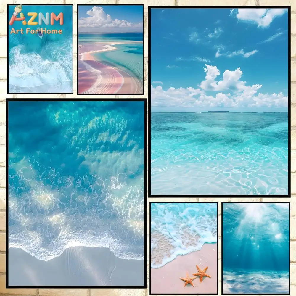 AZNM Turquoise Blue Ocean Beach Canvas Wall Art Print, Tropical Sea Waves Starfish Aerial View Poster for Living Room Bedroom Ho