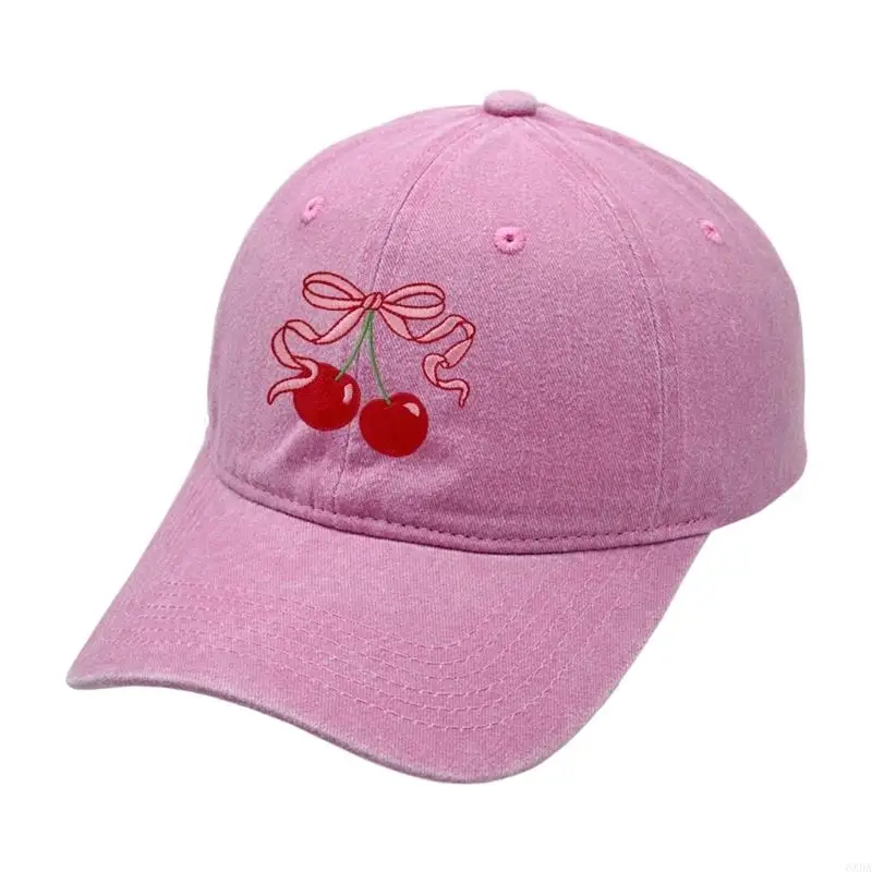 Wash Cotton Baseball Caps Bowknot Cherry Design Women Girl Sun Protective Hat 6XDA