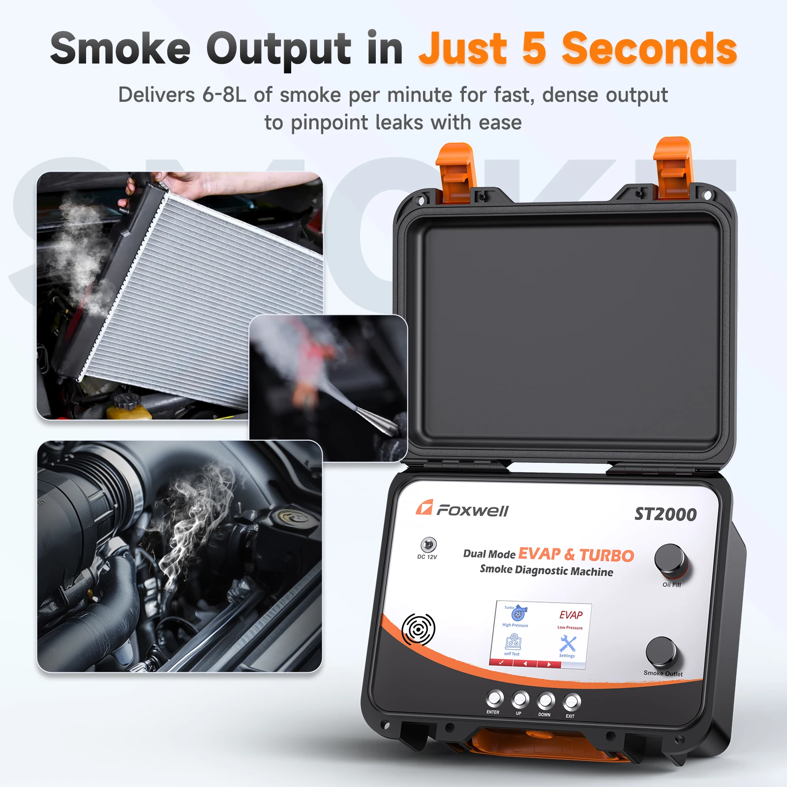 FOXWELL Digital Smoke Leak Detector ST2000 Built-in Air Pump Adjustable Pressure Dual Mode EVAP & Turbo Leakage Analyzer Tester