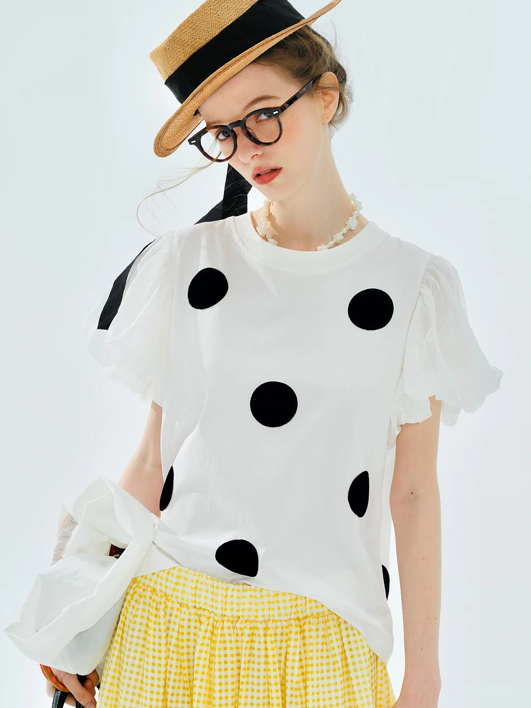 Women's White Top Short Sleeve Round Neck Black Polka Dots Puff Sleeve Office to Weekend Stretch Fabric Trendy Blouse 255067 - Image 5