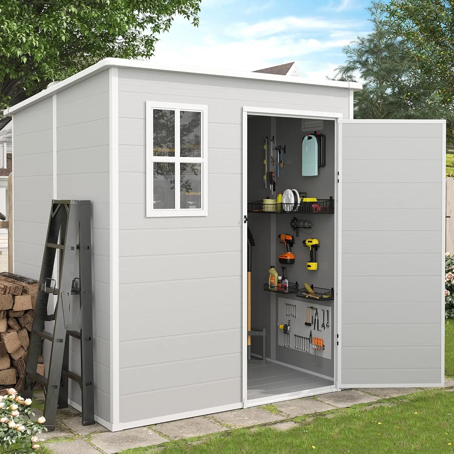 Lockable Door, Window & Vents, Tool Sheds & Outdoor Storage for Bike, Garden Accessories, Tools, Waterproof (Grey & White)