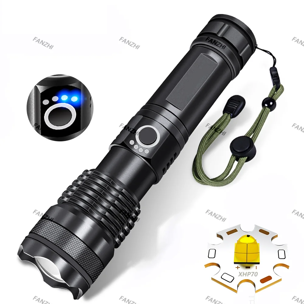 Liga de alumínio LED Torch, lanterna recarregável, Zoom, tocha ao ar livre, uso de emergência, Camping, 1000000LM, XHP70, 18650